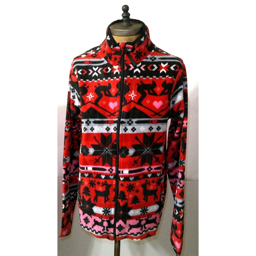 New NWT $85 Vera Bradley Fleece Jacket Nordic Red Pink Black Gray Heart Deer S